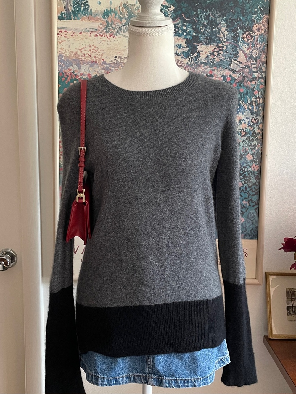 Antonio Melani Cashmere Sweater Womens Small Gray Black Colorblock Dark Academia